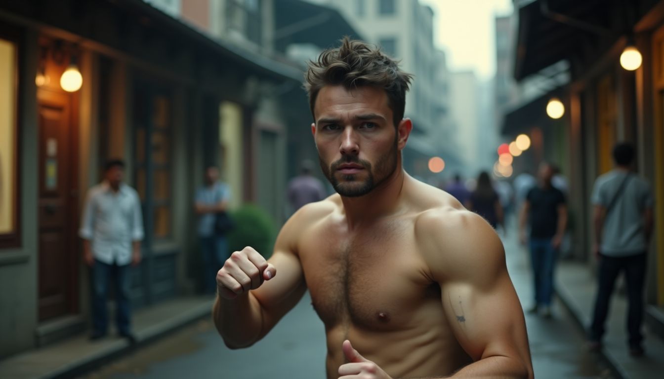 Un uomo pronto per una lotta in una scena urbana. Un uomo pronto per una lotta in una scena urbana.