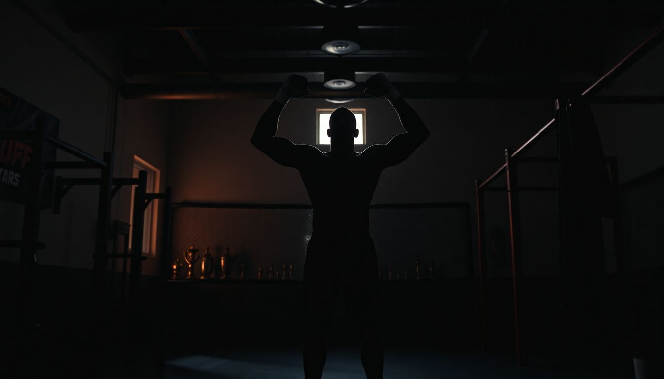 Un'immagine di una palestra di MMA con un lottatore silhouettato. Un'immagine di una palestra di MMA con un lottatore silhouettato.