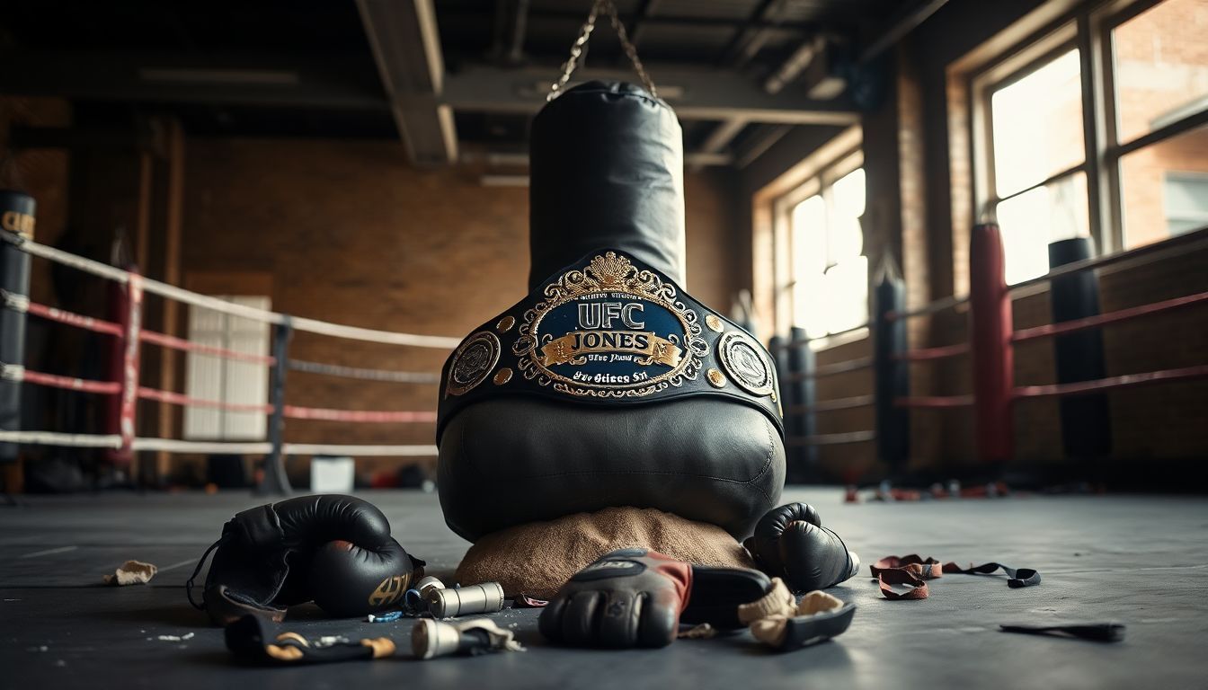 Un'immagine di un palestra con attrezzature da boxe e una cintura di campione dei pesi massimi.