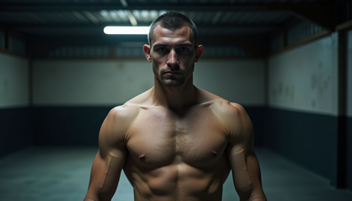 Un lottatore solitario pratica Brazilian Jiu-Jitsu in una palestra.