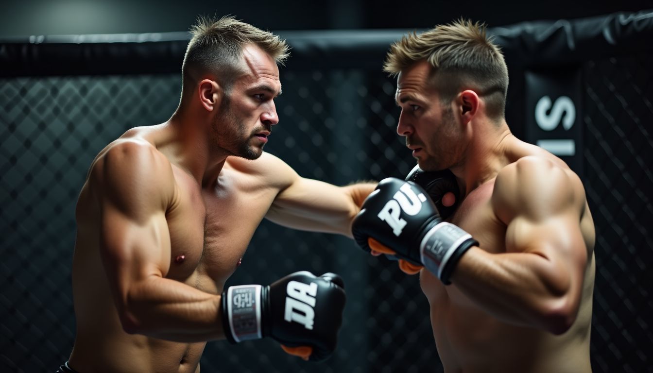 Un uomo di mezza età pratica tecniche di combattimento in palestra. Un uomo di mezza età pratica tecniche di combattimento in palestra.