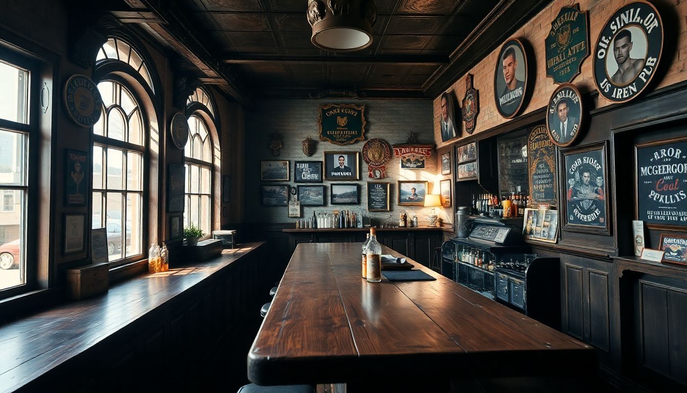Un pub irlandese rustico con memorabilia di arti marziali miste.