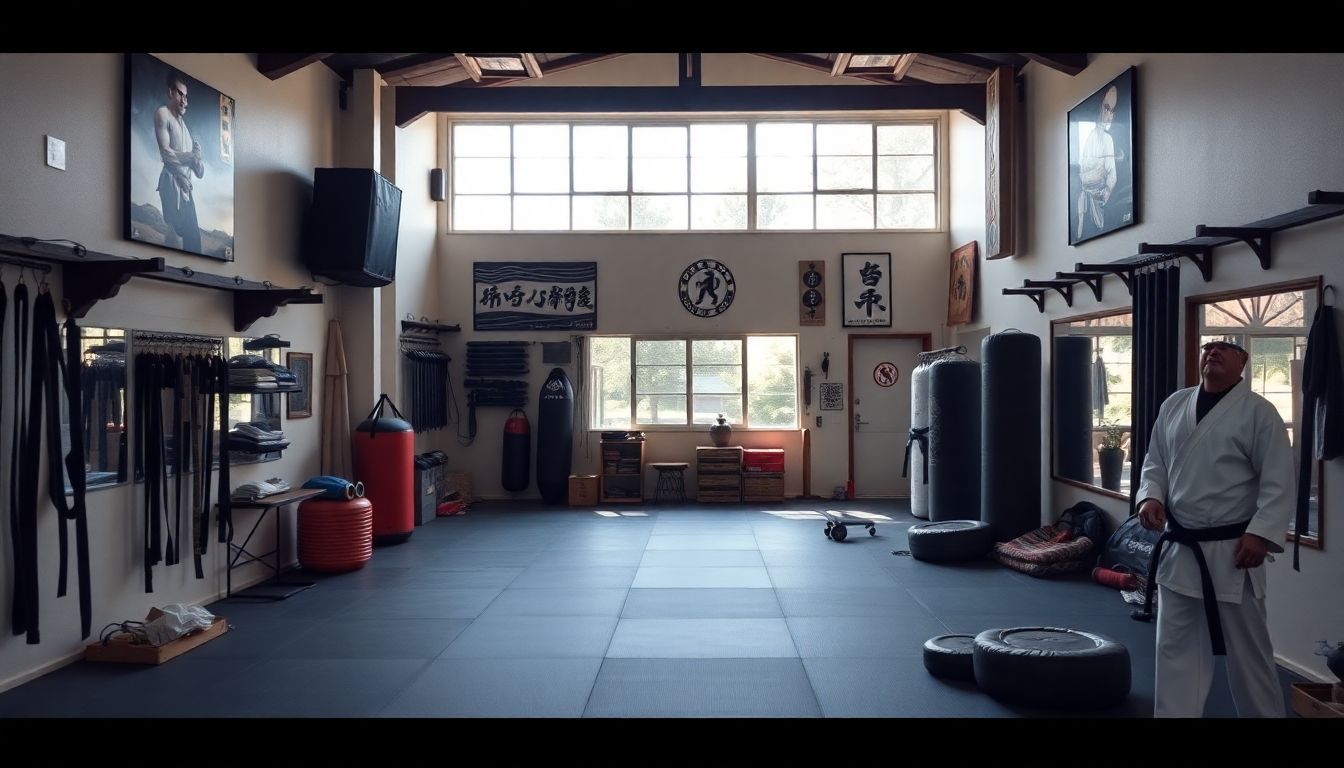 Uno spazio dojo pieno di attrezzature e attrezzature per l'allenamento delle arti marziali. Uno spazio dojo pieno di attrezzature e attrezzature per l'allenamento delle arti marziali.